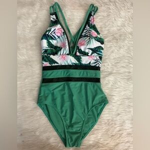 Tropical green women’s one piece swimsuit small